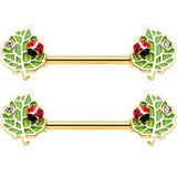 14G 9/16 Clear Gem Gold Hue Leafy Ladybug Barbell Nipple Ring Set