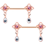 14G 9/16 Purple Grey Gem Rose Gold Tone Dangle Nipple Ring Set