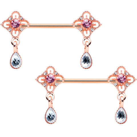 14G 9/16 Purple Grey Gem Rose Gold Tone Dangle Nipple Ring Set