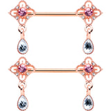 14G 9/16 Purple Grey Gem Rose Gold Tone Dangle Nipple Ring Set