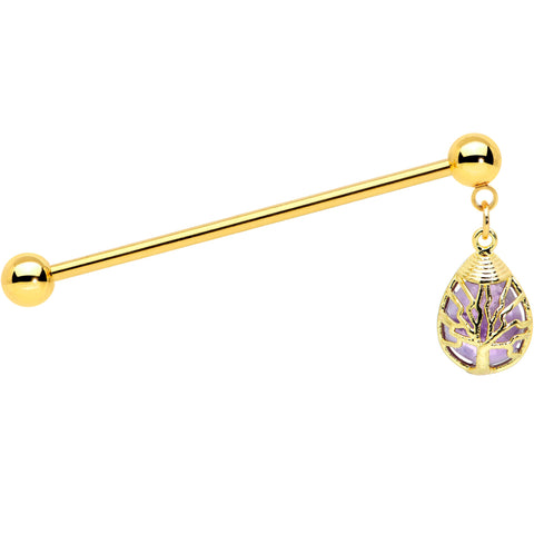 14G Amethyst Gold Tone Drop Tree Dangle Industrial Barbell 38mm