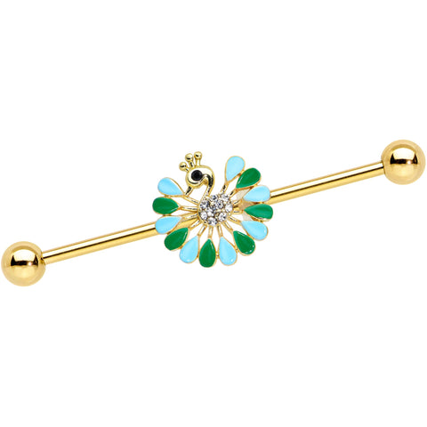 14G Clear Black Gold Tone Pretty Peacock Industrial Barbell 38mm