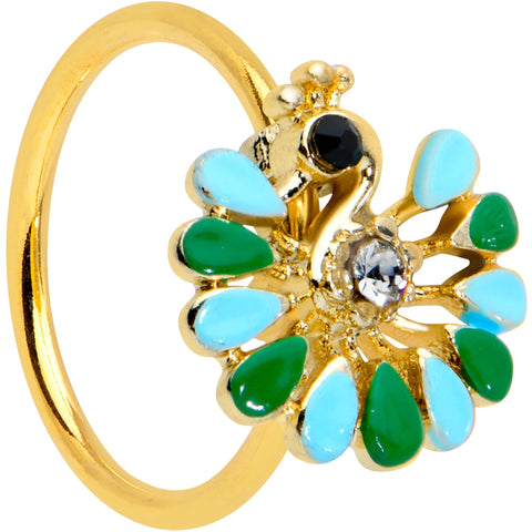 20G 5/16 Clear Black Gem Gold Tone Pretty Peacock Nose Hoop
