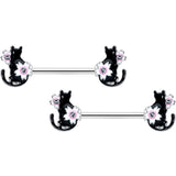 14G 9/16 Clear Gem Flowers Black Cat Barbell Nipple Ring Set