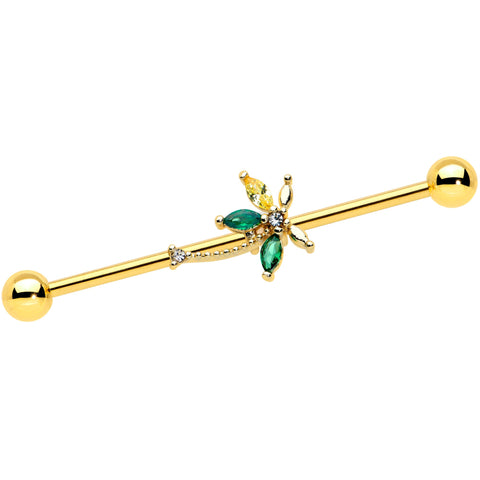 14G Clear Green Gem Gold Tone Palm Tree Industrial Barbell 38mm
