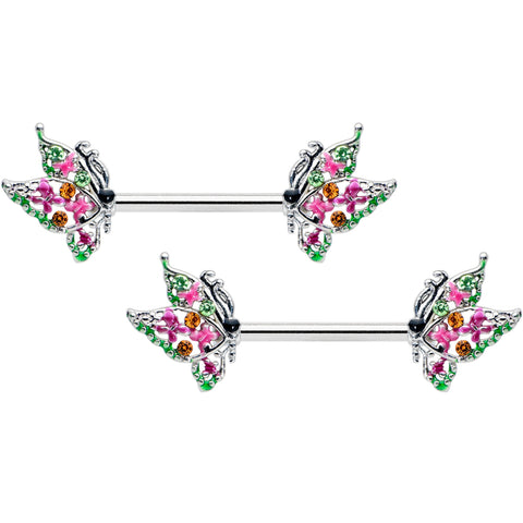 14G 1/2 Pink Gem Openwork Butterfly Barbell Nipple Ring Set