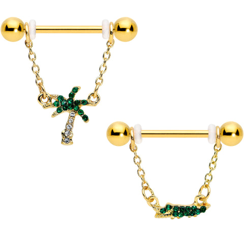 14G 5/8 Green Gem Gold Hue Gator Palm Tree Dangle Nipple Ring Set