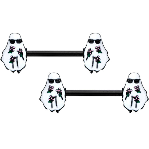 14G 9/16 Black Hipster Ghost Halloween Barbell Nipple Ring Set