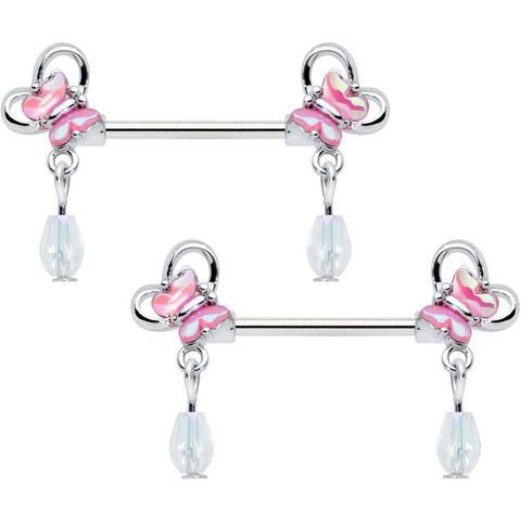 14G 9/16 Heart Pink Butterfly Dangle Barbell Nipple Ring Set