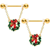 14G 5/8 Gold Tone Festive Wreath Christmas Dangle Nipple Ring Set