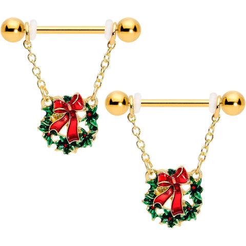 14G 5/8 Gold Tone Festive Wreath Christmas Dangle Nipple Ring Set