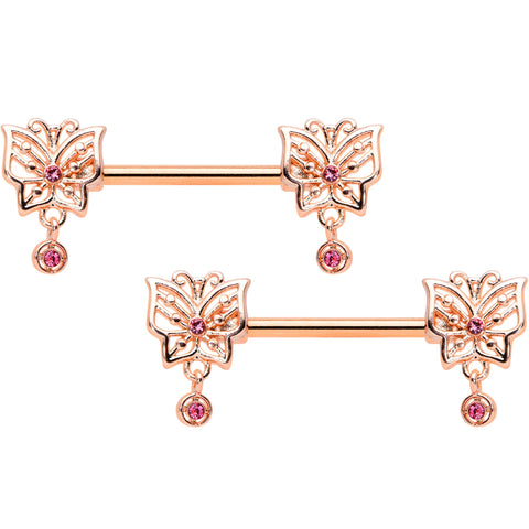 14G 9/16 Pink CZ Gem Rose Gold Tone Butterfly Nipple Ring Set
