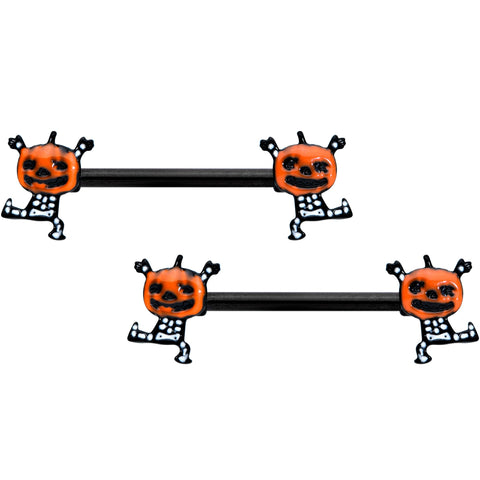 14G 9/16 Black Dancing Skeleton Pumpkin Halloween Nipple Ring Set