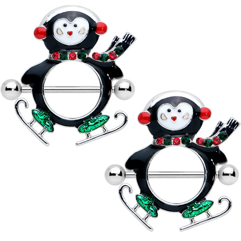 14G 9/16 Red Green Gem Skate Penguin Christmas Nipple Shield Set