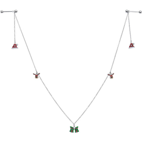 14G 9/16 White Orb Santa Hat Christmas Barbell Nipple Chain Set