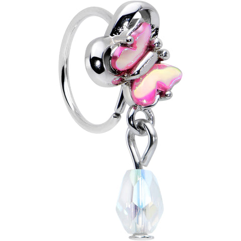 20G 5/16 Heart Pink Butterfly Clear Dangle Nose Hoop