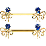 14G 9/16 Gold Tone Textured Blue Octopus Barbell Nipple Ring Set