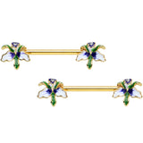 14G 9/16 Clear Gem Gold Tone Iris Flower Barbell Nipple Ring Set