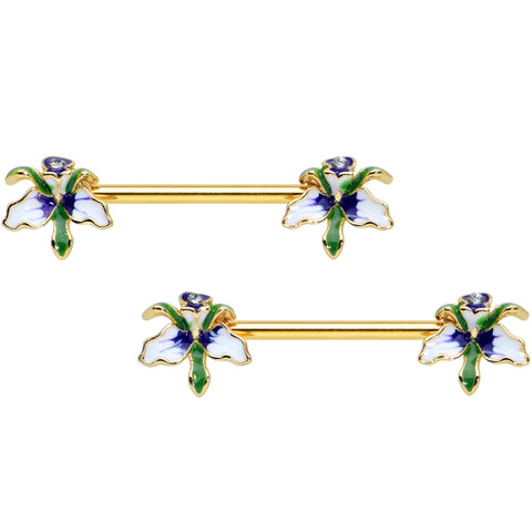 14G 9/16 Clear Gem Gold Tone Iris Flower Barbell Nipple Ring Set