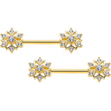 14G 9/16 Clear Gem Gold Tone Flower Snowflake Christmas Nipple Ring Set