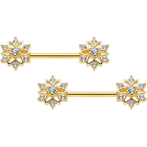 14G 9/16 Clear Gem Gold Tone Flower Snowflake Christmas Nipple Ring Set