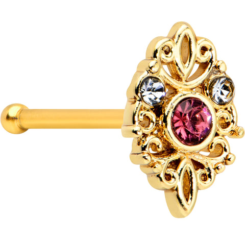 20G 1/4 Pink Clear Gem Gold Tone Lace Love Nose Bone