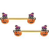 14G 9/16 Gold Hue Black Witch Cat Pumpkin Barbell Nipple Ring Set