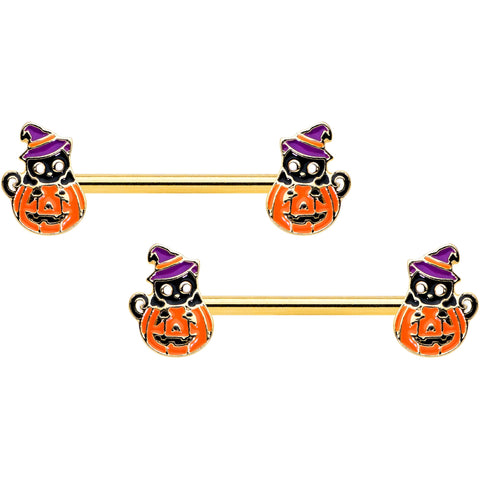 14G 9/16 Gold Hue Black Witch Cat Pumpkin Barbell Nipple Ring Set