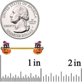 14G 9/16 Gold Hue Black Witch Cat Pumpkin Barbell Nipple Ring Set