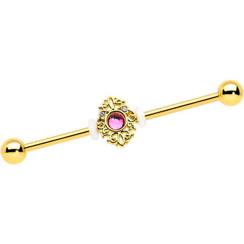 14G Clear Pink Gem Gold Tone Lace Love Industrial Barbell 38mm