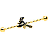 14G Clear Gem Gold Tone Witch Hat Broom Industrial Barbell 38mm