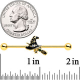 14G Clear Gem Gold Tone Witch Hat Broom Industrial Barbell 38mm