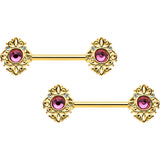 14G 9/16 Pink Gem Gold Hue Open Lace Love Barbell Nipple Ring Set