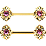 14G 9/16 Pink Gem Gold Hue Open Lace Love Barbell Nipple Ring Set