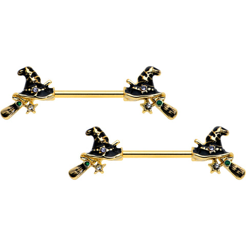 14G 9/16 Clear Gem Gold Tone Witch Hat Broom Nipple Ring Set