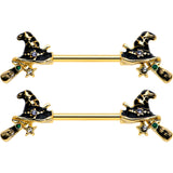 14G 9/16 Clear Gem Gold Tone Witch Hat Broom Nipple Ring Set