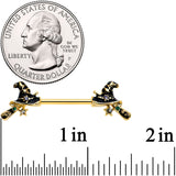 14G 9/16 Clear Gem Gold Tone Witch Hat Broom Nipple Ring Set