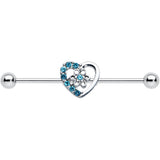 14G Blue Gem Floral Hollow Heart Industrial Barbell 38mm