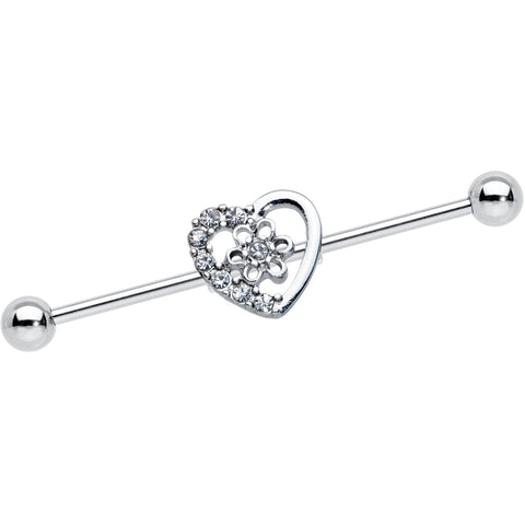 14G Clear Gem Floral Hollow Heart Industrial Barbell 38mm