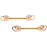 14G 9/16 Gold Tone Daisy Flower Heart Barbell Nipple Ring Set