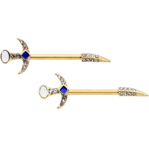14G 9/16 Clear Gem Gold Tone Sabre Sword Barbell Nipple Ring Set