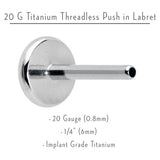 20G 1/4 G23 Titanium Threadless Post Only Labret Tragus Nose