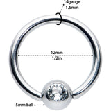 14G 1/2 Clear Gem BCR Captive Bead Ring