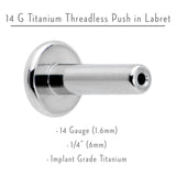14G 1/4 G23 Titanium Threadless Post Only Labret Monroe Tragus
