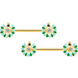 14G 5/8 Clear Gem Gold Hue Pretty Peacock Barbell Nipple Ring Set