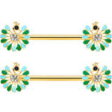 14G 5/8 Clear Gem Gold Hue Pretty Peacock Barbell Nipple Ring Set