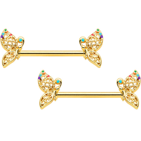14G 9/16 Clear CZ Gem Gold Tone Heart Butterfly Nipple Ring Set