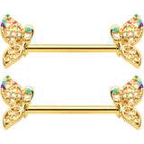 14G 9/16 Clear CZ Gem Gold Tone Heart Butterfly Nipple Ring Set
