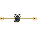14G Blue Gem Gold Tone Wide Eyed Owl Industrial Barbell 38mm