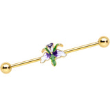 14G Clear Gem Gold Tone Iris Flower Industrial Barbell 38mm